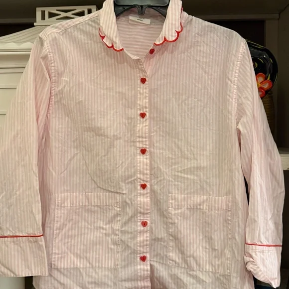 LAKE pajamas Medium M pink striped pj top red piping heart buttons - Picture 4 of 5